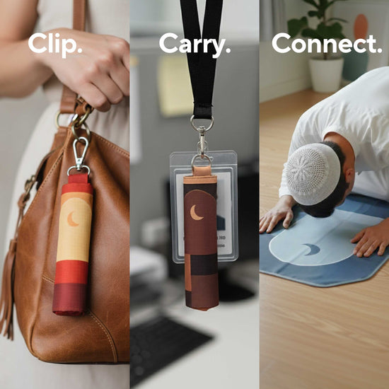 Lifestyle images showing SalahTag portable prayer mat clipped to a bag, worn on a lanyard, and used for prayer